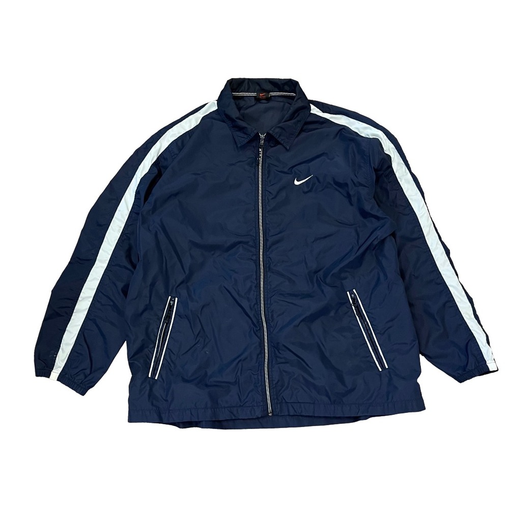 Vintage Nike Jacket Mens XL Navy Blue Stripe Windbreaker Swoosh Y2K Zip Up
